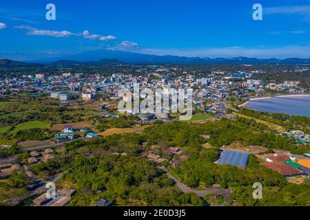 Veduta aerea del villaggio Folk di Jeju nella Repubblica di Corea Foto Stock