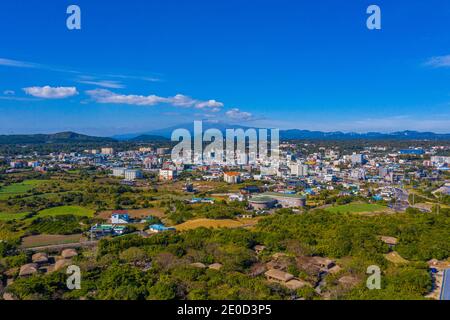 Veduta aerea del villaggio Folk di Jeju nella Repubblica di Corea Foto Stock