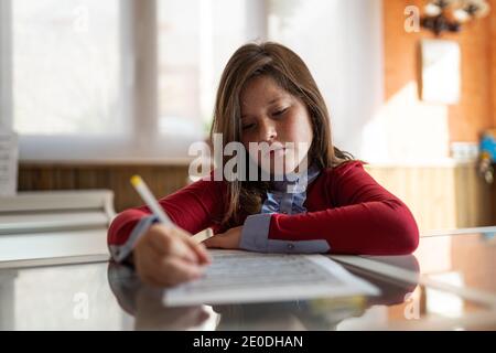 Studentessa concentrata in vestiti casual che si siede a tavola e scrivendo su carta durante la preparazione dell'esame a casa alla luce solare Foto Stock