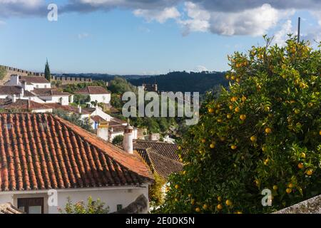 Obidos case tradizionali e strade in Portogallo su un soleggiato giorno Foto Stock