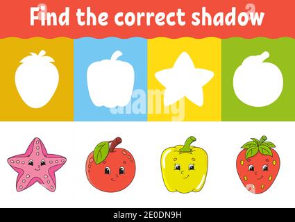 Trovare la giusta ombra. Istruzione foglio di lavoro in via di sviluppo. Matching Game per bambini. Pagina attività. Puzzle per bambini. Riddle prescolare per i. Le caratte carino Illustrazione Vettoriale