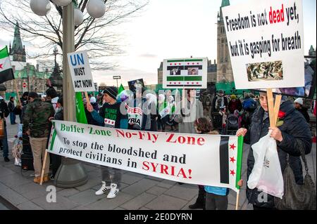Ottawa, Canada - 17 novembre 2012: I siriani in Canada si riuniscono su Parliament Hill per protestare contro le azioni del regime di Assad e per chiedere una zona no fly. Foto Stock