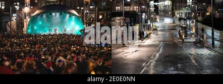 Edimburgo, Scozia, Regno Unito. 31 dicembre 2020. Immagini contrastanti di Hogmanay nel 2019 e nel 2020 che mostrano gli effetti del blocco Covid-19 sulle celebrazioni in città. Nel 2019 un grande mercatino di Natale si trovava nei giardini di Princes Street e diverse fasi di musica dal vivo furono erette sulle strade della città. PIC; Mark Almond si esibisce a una grande folla nel 2019, ma nel 2020 la stessa strada è vuota. Iain Masterton/Alamy Live News Foto Stock