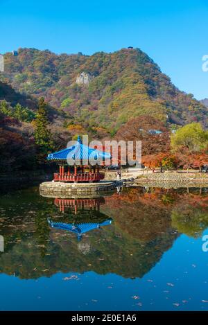 Padiglione blu situato su uno stagno nel parco nazionale di Naejangsan Nella repubblica di Corea Foto Stock