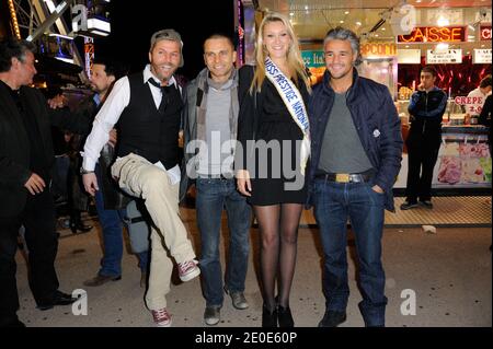 Anthony Kaplan l'immagine sputante di Christophe Mae, Farid Khider, Miss Prestige National 2012, Christelle Roca partecipa al giorno di apertura dell'annuale Foire du Trone a beneficio di 'Enfants de la terre' tenutosi a Parigi, Francia, il 2012 aprile. Foto di Alban Wyters/ABACAPRESS.COM Foto Stock