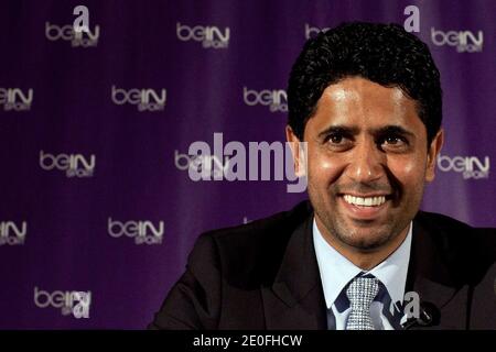 Direttore di al Jazeera Sports e presidente di beIN Sport in Francia Nasser al Khelaifi e beIN Sport Vice presidente responsabile dei programmi, Charles Bietry tenere una conferenza stampa a Parigi, Francia il 24 maggio 2012. BeIN Sport è una rete sportiva di proprietà di al Jazeera, con sede in Qatar. In Francia beIN Sport sarà offerto su 2 canali diversi: BeIN Sport 1 e beIN Sport 2. Il canale inizierà a trasmettere nel giugno 2012 per l'Euro 2012. Foto di Stephane Lemouton/ABACAPRESS.COM. Foto Stock