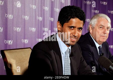 Direttore di al Jazeera Sports e presidente di beIN Sport in Francia Nasser al Khelaifi e beIN Sport Vice presidente responsabile dei programmi, Charles Bietry tenere una conferenza stampa a Parigi, Francia il 24 maggio 2012. BeIN Sport è una rete sportiva di proprietà di al Jazeera, con sede in Qatar. In Francia beIN Sport sarà offerto su 2 canali diversi: BeIN Sport 1 e beIN Sport 2. Il canale inizierà a trasmettere nel giugno 2012 per l'Euro 2012. Foto di Stephane Lemouton/ABACAPRESS.COM. Foto Stock