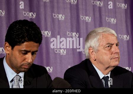 Direttore di al Jazeera Sports e presidente di beIN Sport in Francia Nasser al Khelaifi e beIN Sport Vice presidente responsabile dei programmi, Charles Bietry tenere una conferenza stampa a Parigi, Francia il 24 maggio 2012. BeIN Sport è una rete sportiva di proprietà di al Jazeera, con sede in Qatar. In Francia beIN Sport sarà offerto su 2 canali diversi: BeIN Sport 1 e beIN Sport 2. Il canale inizierà a trasmettere nel giugno 2012 per l'Euro 2012. Foto di Stephane Lemouton/ABACAPRESS.COM. Foto Stock