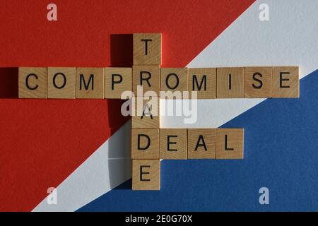 Compromesso, Commercio, accordo, parole in forma incrociata su sfondo rosso, bianco e blu Foto Stock