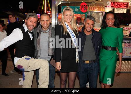 Farid Khider, Anthony Kaplan l'immagine sputante di Christophe Mae, Christelle Roca, Miss Prestige National, Allan Theo e Vincent McDoom che partecipano al giorno di apertura dell'annuale Foire du Trone a beneficio di 'Enfants de la terre' tenutosi a Parigi, in Francia, il 2012 aprile. Foto di ABACAPRESS.COM Foto Stock