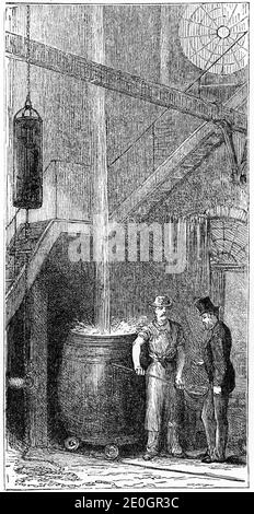 Incisione di un uomo che lavora in fondo alla Torre del Tiro presso le Lead Works di Lambeth, dove un paio di uomini hanno fatto colpo di piombo per cartucce di fucili facendo cadere il piombo fuso dalla cima della torre in un barile di acqua fredda in fondo. La torre sorgeva sulla riva sud del Tamigi a Londra, Inghilterra, tra il ponte di Waterloo e il ponte di Hungerford, sul sito di quella che ora è la Queen Elizabeth Hall. (Vedere altre immagini di lavoro all'interno). Foto Stock