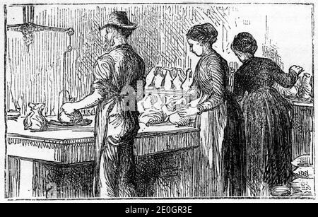 Incisione di persone che lavorano alla Torre della Tiro presso la Lambeth Lead Works pesare e imballare il colpo di piombo per le cartucce di fucili. La torre sorgeva sulla riva sud del Tamigi a Londra, Inghilterra, tra il ponte di Waterloo e il ponte di Hungerford, sul sito di quella che ora è la Queen Elizabeth Hall. (Vedere altre immagini di lavoro all'interno). Foto Stock