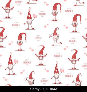 Motivo carino senza cuciture con gnomi scandinavi. Buon giorno di San Valentino. Illustrazione vettoriale in stile cartoon piano. Design nordico per cartoline, stampa Illustrazione Vettoriale
