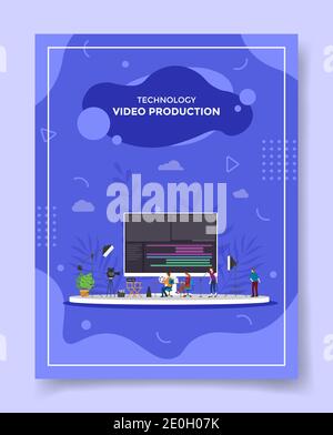 produzione di video persone intorno al grande schermo computer editing fotocamera spot light per modello di banner, volantino, libri copertina, riviste con forma liquida Foto Stock