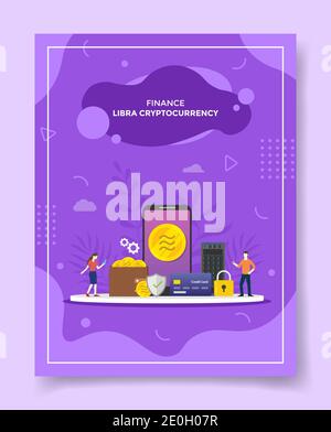 libra criptovaluta persone intorno smartphone server carta banca lucchetto portafoglio a moneta per modello di banner, volantino, libri copertina, riviste con liquido Foto Stock