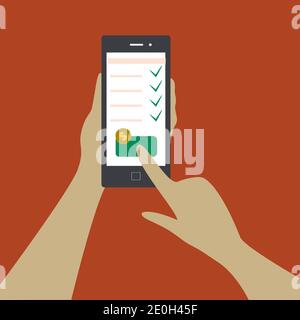 Pagamento online. Schermo mani e smartphone. La persona che tiene il telefono e preme il pulsante. Concetto di shopping online. Illustrazione Vettoriale