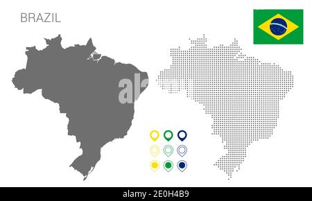 Mappa della silhouette del Brasile, mappa del Brasile punteggiata, bandiera del Brasile, immagine vettoriale piatta Illustrazione Vettoriale