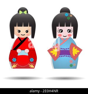 Set di carine bambole giapponesi Kokeshi, Kawaii vettore di design asiatico Illustrazione Vettoriale