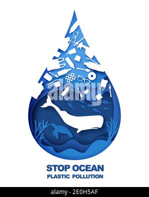 Salva l'oceano. Arrestare l'inquinamento della plastica. Illustrazione vettoriale in stile arte della carta. Problema ambientale dell'oceano, ecologia. Illustrazione Vettoriale