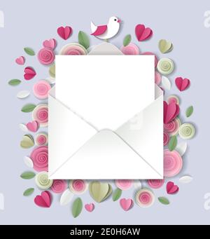 Carta taglio artigianale stile San Valentino lettera d'amore, illustrazione vettoriale. Biglietto di auguri, modello di invito. Illustrazione Vettoriale