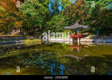 Edificio tradizionale presso lo Stagno di Buyongji all'interno del giardino segreto del palazzo Changdeokgung a Seoul, Repubblica di Corea Foto Stock