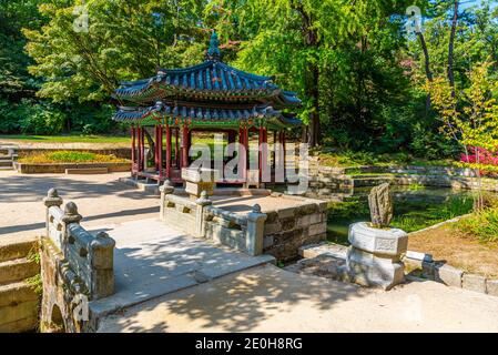 Edificio tradizionale presso lo Stagno di Buyongji all'interno del giardino segreto del palazzo Changdeokgung a Seoul, Repubblica di Corea Foto Stock