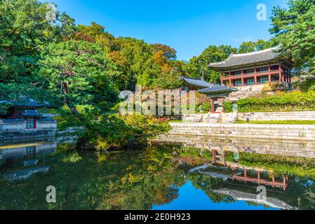 Edificio tradizionale presso lo Stagno di Buyongji all'interno del giardino segreto del palazzo Changdeokgung a Seoul, Repubblica di Corea Foto Stock