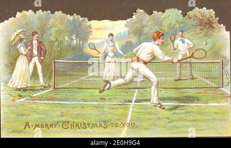 Biglietto d'auguri cromolitografato die cut di una partita di tennis mista con due spettatori circa 1885 pubblicato da W Hagelberg, Berlino Foto Stock