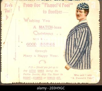 Cartolina di auguri di Natale con messaggio punning circa cricket pubblicato da Angus Thomas circa 1895 Foto Stock