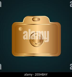 Logo vettoriale dell'icona della fotocamera DSLR. Sfumatura oro metallo con sfondo scuro Illustrazione Vettoriale