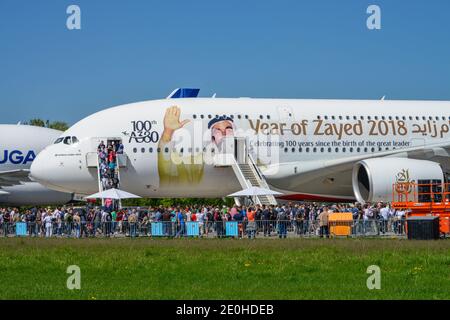 Airbus A 380 Emirati ILA 2018, Schoenefeld, Brandeburgo, Deutschland Foto Stock