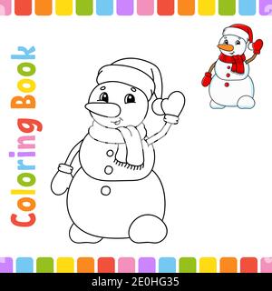 Libro da colorare per bambini. Tema invernale. Carattere allegro. Illustrazione vettoriale. Carino stile cartoon. Pagina fantasy per bambini. Profilo a contorno nero Illustrazione Vettoriale