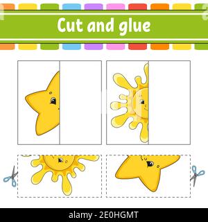 Taglia e gioca. Gioco di carta con colla. Schede flash. Foglio di lavoro Education. Pagina attività. Carattere divertente. Illustrazione vettoriale isolata. Stile cartone animato. Illustrazione Vettoriale