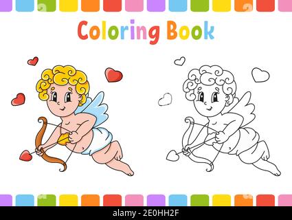 Libro da colorare per bambini. Personaggio cartoon. Illustrazione vettoriale. Pagina fantasy per bambini. San Valentino. Profilo a contorno nero. Isolato su whit Illustrazione Vettoriale