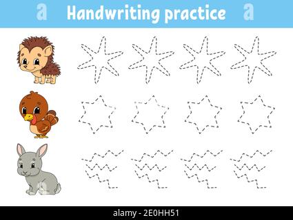 Calligrafia pactice. Foglio di lavoro per lo sviluppo dell'istruzione. Pagina attività. Gioco a colori per bambini. Illustrazione vettoriale isolata. Personaggio cartoon. Illustrazione Vettoriale