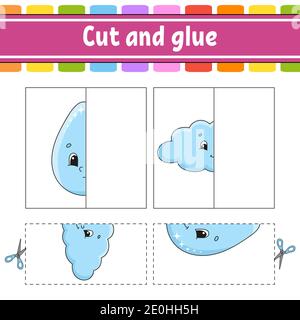 Taglia e gioca. Gioco di carta con colla. Schede flash. Foglio di lavoro Education. Pagina attività. Carattere divertente. Illustrazione vettoriale isolata. Stile cartone animato. Illustrazione Vettoriale