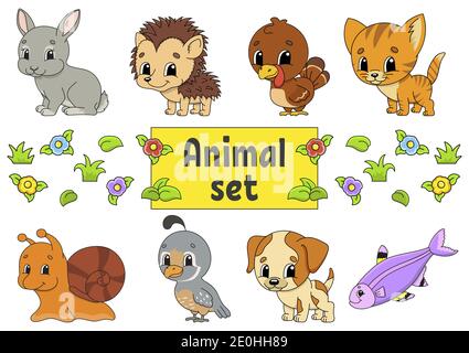 Set di adesivi con simpatici cartoni animati. Clipart animali. Disegnato a mano. Confezione colorata. Illustrazione vettoriale. Patch Badges collection. Design dell'etichetta el Illustrazione Vettoriale