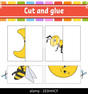 Taglia e gioca. Gioco di carta con colla. Schede flash. Foglio di lavoro Education. Pagina attività. Carattere divertente. Illustrazione vettoriale isolata. Stile cartone animato. Illustrazione Vettoriale