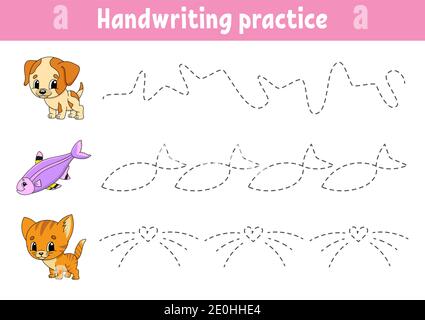 Calligrafia pactice. Foglio di lavoro per lo sviluppo dell'istruzione. Pagina attività. Gioco a colori per bambini. Illustrazione vettoriale isolata. Personaggio cartoon. Illustrazione Vettoriale