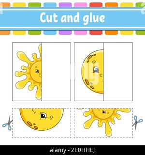 Taglia e gioca. Gioco di carta con colla. Schede flash. Foglio di lavoro Education. Pagina attività. Carattere divertente. Illustrazione vettoriale isolata. Stile cartone animato. Illustrazione Vettoriale