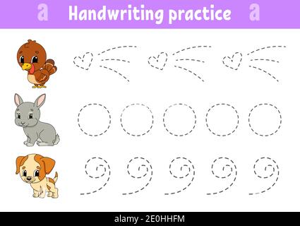 Calligrafia pactice. Foglio di lavoro per lo sviluppo dell'istruzione. Pagina attività. Gioco a colori per bambini. Illustrazione vettoriale isolata. Personaggio cartoon. Illustrazione Vettoriale