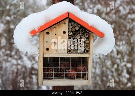 Neve sul tetto di un hotel di insetti / bug house nel giardino. Foto Stock