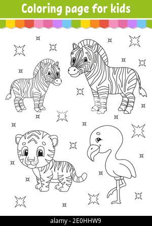 Libro da colorare per bambini. Carattere allegro. Illustrazione vettoriale. Carino stile cartoon. Pagina fantasy per bambini. Profilo a contorno nero. Illustrazione Vettoriale