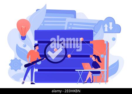 Sviluppatori con lente di ingrandimento che studiano l'analisi dei dati. Ricerca e gestione di database, analisi di ricerca, statistiche sui big data e concetto di condivisione. Foto Stock