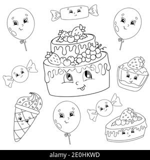 Libro da colorare per bambini. Tema buon compleanno. Personaggi allegri. Illustrazione vettoriale. Carino stile cartoon. Profilo a contorno nero. Isolato su whit Illustrazione Vettoriale
