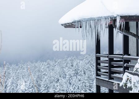 Oberried, Germania. 01 gennaio 2021. Le cicale pendono dal bordo del tetto di una casa, mentre la Foresta Nera coperta di neve può essere vista sullo sfondo. Il clima vinoso nella parte superiore della Foresta Nera attrae molti visitatori il giorno di Capodanno. Credit: Philippe von Ditfurth/dpa/Alamy Live News Foto Stock