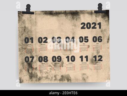 Calendario 2021 Weekend Planner modello Domenica a Sabato Old Paper sfondo. Illustrazione Vettoriale