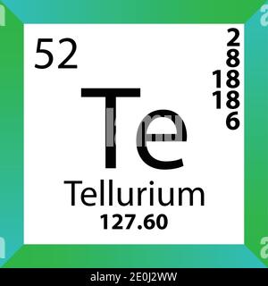 Tabella periodica degli elementi chimici del tellurio TE. Illustrazione a vettore singolo, icona colorata con massa molare, conn. Di elettroni e numero atomico. Illustrazione Vettoriale