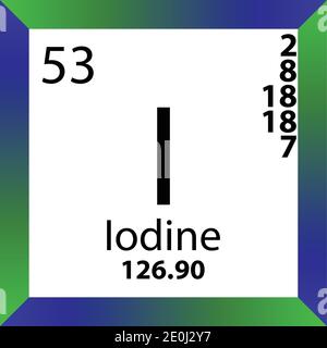 I Tabella periodica degli elementi chimici iodio. Illustrazione a vettore singolo, icona colorata con massa molare, conn. Di elettroni e numero atomico. Illustrazione Vettoriale