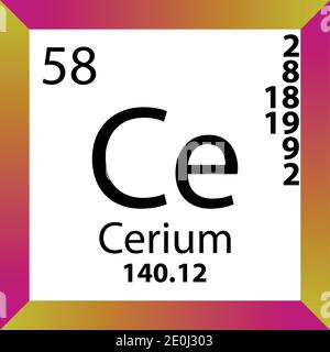 CE cerio elemento chimico Tavola periodica. Illustrazione a vettore singolo, icona colorata con massa molare, conn. Di elettroni e numero atomico. Illustrazione Vettoriale